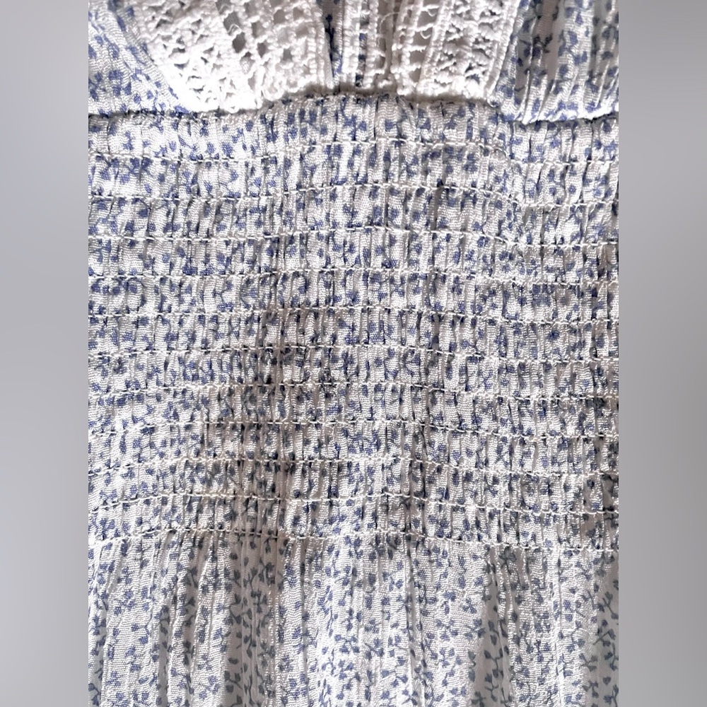 Vintage White Blue Sleeveless Maxi Dress smoked tired v-neck size medium - Picture 7 of 12